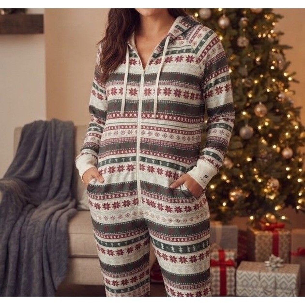 Fabletics Unisex Holiday Christmas Tree Snowflake Hooded One-piece Pajama 3X